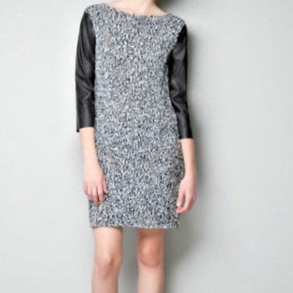 ZARA Grey Black White Stretch Knit Wool Leather 3/4 Sleeve  Mini Sweater Dress - Picture 1 of 13